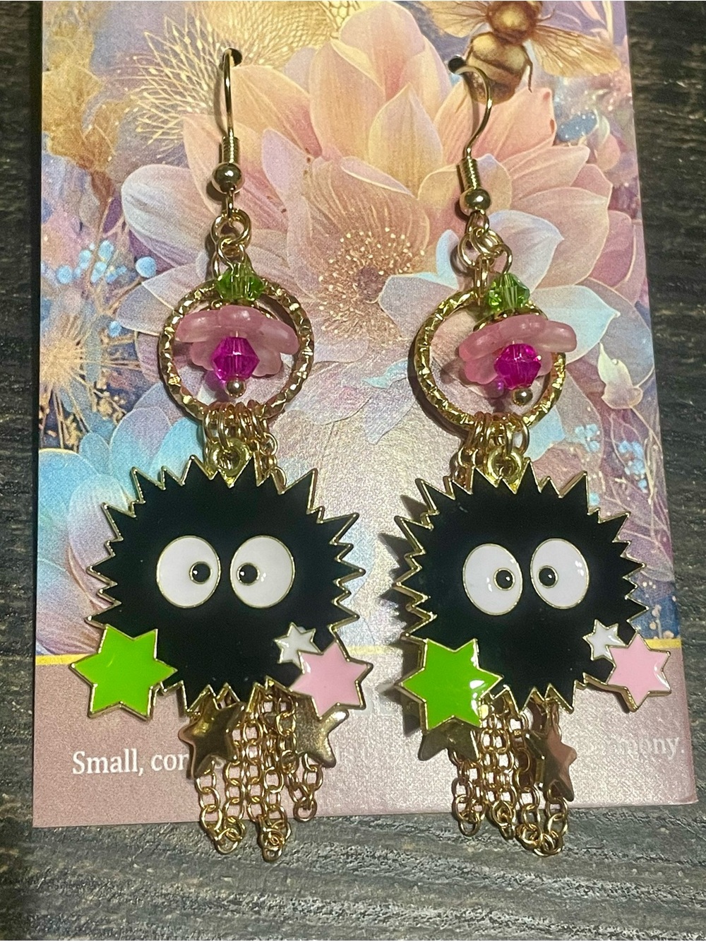 Cute Black Soot Sprite Dangle Earrings with Pink & Green Stars